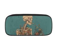 DWVTFSM Skull And Flowers Large Pencil Bag Waterproof Cute Pen Case Travel Cosmetic Leather Makeup Bag Organizer Pen Holder for Men Women