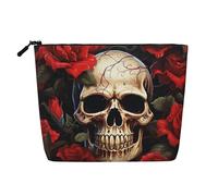 Dwvtfsm Skull Rose-Red Makeup Bag For Women, Waterproof Linen Travel Cosmetic Organizer Lightweight Zipper Travel Toiletry Bag Organizer Makeup Brushes Storage Bag