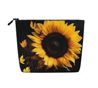Dwvtfsm Sunflower On Black Background Makeup Bag For Women, Waterproof Linen Travel Cosmetic Organizer Lightweight Zipper Travel Toiletry Bag Organizer Makeup Brushes Storage Bag