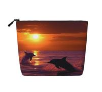 Dwvtfsm Sunset Dolphins Makeup Bag For Women, Waterproof Linen Travel Cosmetic Organizer Lightweight Zipper Travel Toiletry Bag Organizer Makeup Brushes Storage Bag