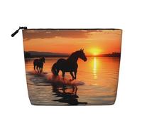 Dwvtfsm Sunsets Lake Horses Makeup Bag For Women, Waterproof Linen Travel Cosmetic Organizer Lightweight Zipper Travel Toiletry Bag Organizer Makeup Brushes Storage Bag