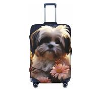 DWVTFSM Travel Luggage Cover Elastic Anti-Scratch Suitcase Protector Washable Travel Suitcase Cover Shih Tzu Dog And Flowers Luggage Protector Fits 18-32 Inch Suitcase, Black, L