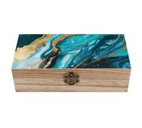 DWVTFSM Turquoise Blue Gold Marble Storage Box Large Wooden Jewelry Box with Hinged Lid And Front Clasp Wooden Storage Bins Keepsake Box Office Desk Organizer