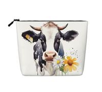 Dwvtfsm Watercolor Cow And Daisy Flower Makeup Bag For Women, Waterproof Linen Travel Cosmetic Organizer Lightweight Zipper Travel Toiletry Bag Organizer Makeup Brushes Storage Bag