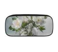 DWVTFSM White Flowers And Green Leaves Large Pencil Bag Waterproof Cute Pen Case Travel Cosmetic Leather Makeup Bag Organizer Pen Holder for Men Women