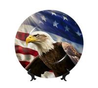 DWVTSLH 10in Bone China Decorative Plate with Display Stand, American USA Flag Ceramic Decorative Plate Wall Decor Ceramic Ornaments Art Crafts Porcelain Dinner Plates for Women Men Gifts