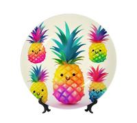 DWVTSLH 10in Bone China Decorative Plate with Display Stand, Rainbow Pineapple Cartoon Ceramic Decorative Plate Wall Decor Ceramic Ornaments Art Crafts Porcelain Dinner Plates for Women Men Gifts