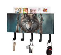 DWVTSLH 3D Wolf Dream Catcher Key Holder for Wall, Decorative Key Hooks with Mail Organizer & 5 Hooks, Self Adhesive Leather Key Hanger for Entryway, Wall Mounted Key Rack (7.1” X 4.3” X 0.9”)