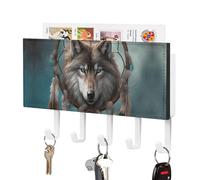 DWVTSLH 3D Wolf Dream Catcher Key Holder for Wall, Decorative Key Hooks with Mail Organizer & 5 Hooks, Self Adhesive Leather Key Hanger for Entryway, Wall Mounted Key Rack (7.1” X 4.3” X 0.9”)