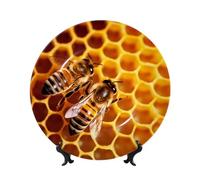 DWVTSLH 7in Bone China Decorative Plate with Display Stand, Bee On Honeycomb Ceramic Decorative Plate Wall Decor Ceramic Ornaments Art Crafts Porcelain Dinner Plates for Women Men Gifts
