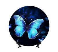 DWVTSLH 7in Bone China Decorative Plate with Display Stand, Blue Butterfly Ceramic Decorative Plate Wall Decor Ceramic Ornaments Art Crafts Porcelain Dinner Plates for Women Men Gifts