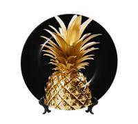DWVTSLH 7in Bone China Decorative Plate with Display Stand, Gold Pineapple Ceramic Decorative Plate Wall Decor Ceramic Ornaments Art Crafts Porcelain Dinner Plates for Women Men Gifts