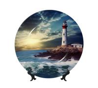 DWVTSLH 7in Bone China Decorative Plate with Display Stand, Lighthouse Seaside Ceramic Decorative Plate Wall Decor Ceramic Ornaments Art Crafts Porcelain Dinner Plates for Women Men Gifts