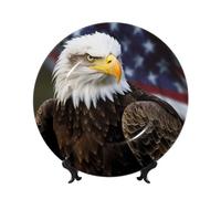 DWVTSLH 8in Bone China Decorative Plate with Display Stand, American Bald Eagle Ceramic Decorative Plate Wall Decor Ceramic Ornaments Art Crafts Porcelain Dinner Plates for Women Men Gifts
