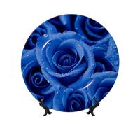 DWVTSLH 8in Bone China Decorative Plate with Display Stand, blue Rose Ceramic Decorative Plate Wall Decor Ceramic Ornaments Art Crafts Porcelain Dinner Plates for Women Men Gifts