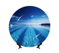 DWVTSLH 8in Bone China Decorative Plate with Display Stand, Blue Swimming Pool Ceramic Decorative Plate Wall Decor Ceramic Ornaments Art Crafts Porcelain Dinner Plates for Women Men Gifts