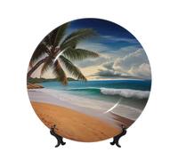 DWVTSLH 8in Bone China Decorative Plate with Display Stand, Coconut Palm Tree Sandy Beach Ceramic Decorative Plate Wall Decor Ceramic Ornaments Art Crafts Porcelain Dinner Plates for Women Men Gifts