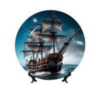 DWVTSLH 8in Bone China Decorative Plate with Display Stand, Pirate Ship Ceramic Decorative Plate Wall Decor Ceramic Ornaments Art Crafts Porcelain Dinner Plates for Women Men Gifts