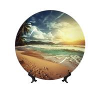 DWVTSLH 8in Bone China Decorative Plate with Display Stand, Sunset on The Beach Ceramic Decorative Plate Wall Decor Ceramic Ornaments Art Crafts Porcelain Dinner Plates for Women Men Gifts