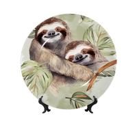DWVTSLH 8in Bone China Decorative Plate with Display Stand, Watercolor Sloth Ceramic Decorative Plate Wall Decor Ceramic Ornaments Art Crafts Porcelain Dinner Plates for Women Men Gifts