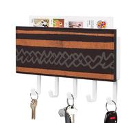 DWVTSLH African Mud Cloth Tribal Key Holder for Wall, Decorative Key Hooks with Mail Organizer & 5 Hooks, Self Adhesive Leather Key Hanger for Entryway, Wall Mounted Key Rack (7.1” X 4.3” X 0.9”)