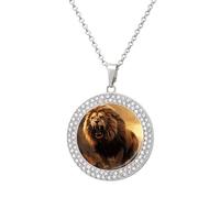 DWVTSLH Angry Roaring Lion Diamond Necklace, Alloy Round Pattern Pendant Necklace for Women Men, Customizable Photo Necklace Jewelry Sparkle Clavicle Neckband Gift, One Size, Zinc, Diamond