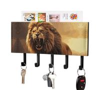 DWVTSLH Angry Roaring Lion Key Holder for Wall, Decorative Key Hooks with Mail Organizer & 5 Hooks, Self Adhesive Leather Key Hanger for Entryway, Wall Mounted Key Rack (7.1” X 4.3” X 0.9”)