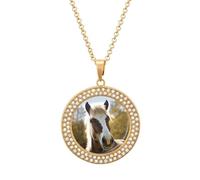 DWVTSLH Animal Pony Horse Diamond Necklace, Alloy Round Pattern Pendant Necklace for Women Men, Customizable Photo Necklace Jewelry Sparkle Clavicle Neckband Gift, One size, Zinc, Diamond