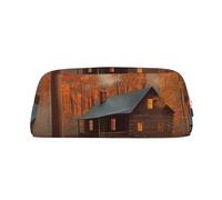 DWVTSLH Autumn Woods Cabin Pencil Pouch Large Capacity Pencil Case Leather Cosmetic Bag Office Desk Organizer Coin Pouch Portable Zipper Toiletry Bag for Travel Outdoor, Silver, One size