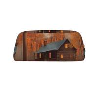 DWVTSLH Autumn Woods Cabin Pencil Pouch Large Capacity Pencil Case Leather Cosmetic Bag Office Desk Organizer Coin Pouch Portable Zipper Toiletry Bag for Travel Outdoor, Gold, One size