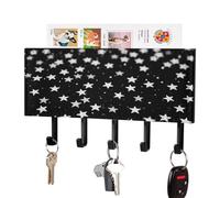 DWVTSLH Black White Stars Key Holder for Wall, Decorative Key Hooks with Mail Organizer & 5 Hooks, Self Adhesive Leather Key Hanger for Entryway, Wall Mounted Key Rack (7.1” X 4.3” X 0.9”)