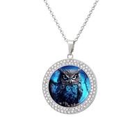 DWVTSLH Blue Owl Diamond Necklace, Alloy Round Pattern Pendant Necklace for Women Men, Customizable Photo Necklace Jewelry Sparkle Clavicle Neckband Gift, One size, Zinc, Diamond