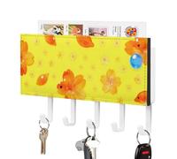 DWVTSLH Bright Yellow Fish Key Holder for Wall, Decorative Key Hooks with Mail Organizer & 5 Hooks, Self Adhesive Leather Key Hanger for Entryway, Wall Mounted Key Rack (7.1” X 4.3” X 0.9”)
