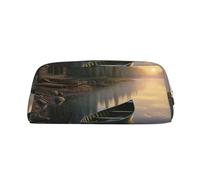 DWVTSLH canoe by the water Pencil Pouch Large Capacity Pencil Case Leather Cosmetic Bag Office Desk Organizer Coin Pouch Portable Zipper Toiletry Bag for Travel Outdoor, Gold, One size