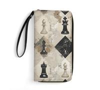 DWVTSLH Chess Piece Brown Pattern Printed Wallets Zip Around Wallets Leather Long Wallets for Men And Women Credit Card Holders with Cord, Essential for Travel, Office And Shopping