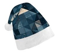 DWVTSLH Christmas Hat Blue Geometric Pattern Printed Santa Claus Hat Soft And Comfortable Velvet Thickened Christmas Hat Suitable for Christmas New Year Holiday Party Supplies
