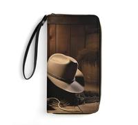 DWVTSLH Cowboy Black Hat Western Boots Printed Wallets Zip Around Wallets Leather Long Wallets for Men And Women Credit Card Holders with Cord, Essential for Travel, Office And Shopping
