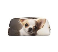 DWVTSLH Cute Chihuahua Pencil Pouch Large Capacity Pencil Case Leather Cosmetic Bag Office Desk Organizer Coin Pouch Portable Zipper Toiletry Bag for Travel Outdoor, Gold, One Size