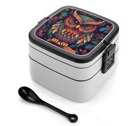 DWVTSLH Double-Layer Bento Box Adult All-in-One Design, Color Owl Pattern Lunch Container with Utensils, Leakproof Food Container with Handle Portable Insulated Lunch Box for Work Camping