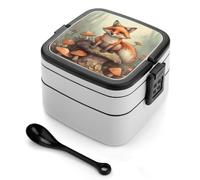 DWVTSLH Double-Layer Bento Box Adult All-in-One Design, Fox in The Woods Lunch Container with Utensils, Leakproof Food Container with Handle Portable Insulated Lunch Box for Work Camping