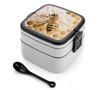 DWVTSLH Double-Layer Bento Box Adult All-in-One Design, Honey Bee Lunch Container with Utensils, Leakproof Food Container with Handle Portable Insulated Lunch Box for Work Camping
