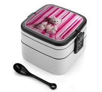 DWVTSLH Double-Layer Bento Box Adult All-in-One Design, Teddy Bear Peach Rose Lunch Container with Utensils, Leakproof Food Container with Handle Portable Insulated Lunch Box for Work Camping