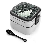 DWVTSLH Double-Layer Bento Box Adult All-in-One Design, White Patterned Ghost Lunch Container with Utensils, Leakproof Food Container with Handle Portable Insulated Lunch Box for Work Camping