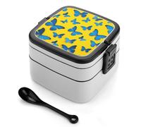 DWVTSLH Double-Layer Bento Box Adult All-in-One Design, Yellow Butterfly Float Lunch Container with Utensils, Leakproof Food Container with Handle Portable Insulated Lunch Box for Work Camping