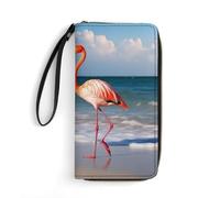 DWVTSLH Flamingo On The Beach Printed Wallets Zip Around Wallets Leather Long Wallets for Men And Women Credit Card Holders with Cord, Essential for Travel, Office And Shopping