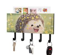 DWVTSLH Floral Hedgehog Key Holder for Wall, Decorative Key Hooks with Mail Organizer & 5 Hooks, Self Adhesive Leather Key Hanger for Entryway, Wall Mounted Key Rack (7.1” X 4.3” X 0.9”)
