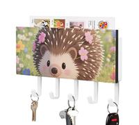 DWVTSLH Floral Hedgehog Key Holder for Wall, Decorative Key Hooks with Mail Organizer & 5 Hooks, Self Adhesive Leather Key Hanger for Entryway, Wall Mounted Key Rack (7.1” X 4.3” X 0.9”)