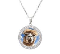 DWVTSLH Funny Alpaca Llama Diamond Necklace, Alloy Round Pattern Pendant Necklace for Women Men, Customizable Photo Necklace Jewelry Sparkle Clavicle Neckband Gift, One size, Zinc, Diamond
