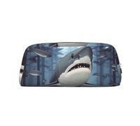 DWVTSLH Funny Sharks Design Pencil Pouch Large Capacity Pencil Case Leather Cosmetic Bag Office Desk Organizer Coin Pouch Portable Zipper Toiletry Bag for Travel Outdoor, Silver, One size