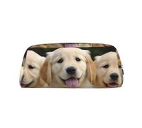 DWVTSLH Golden Retriever Puppies Pencil Pouch Large Capacity Pencil Case Leather Cosmetic Bag Office Desk Organizer Coin Pouch Portable Zipper Toiletry Bag for Travel Outdoor, Gold, One Size